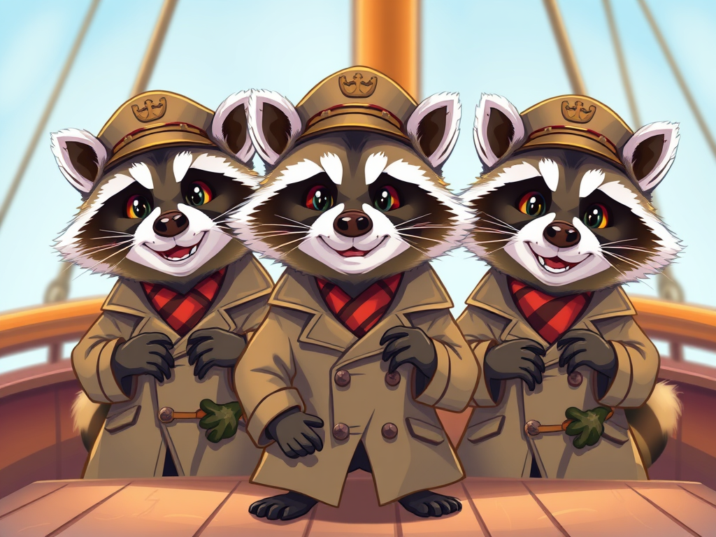 Captain Red Raccoons cartoon-3-raccoons-in-trench-coat-masquerading-as-ships-captain ...